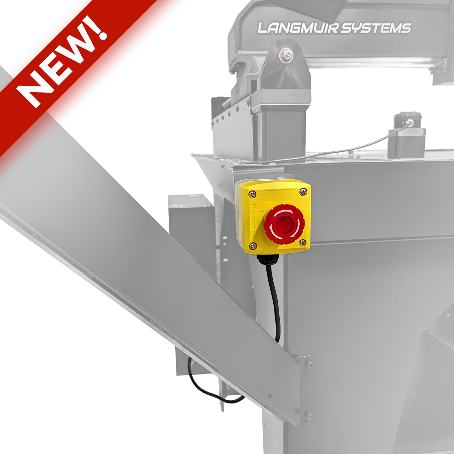 New Langmuir Systems Remote Emergency Stop for MR-1 Gantry Mill, prominently displayed on a machine arm for enhanced safety and easy access.