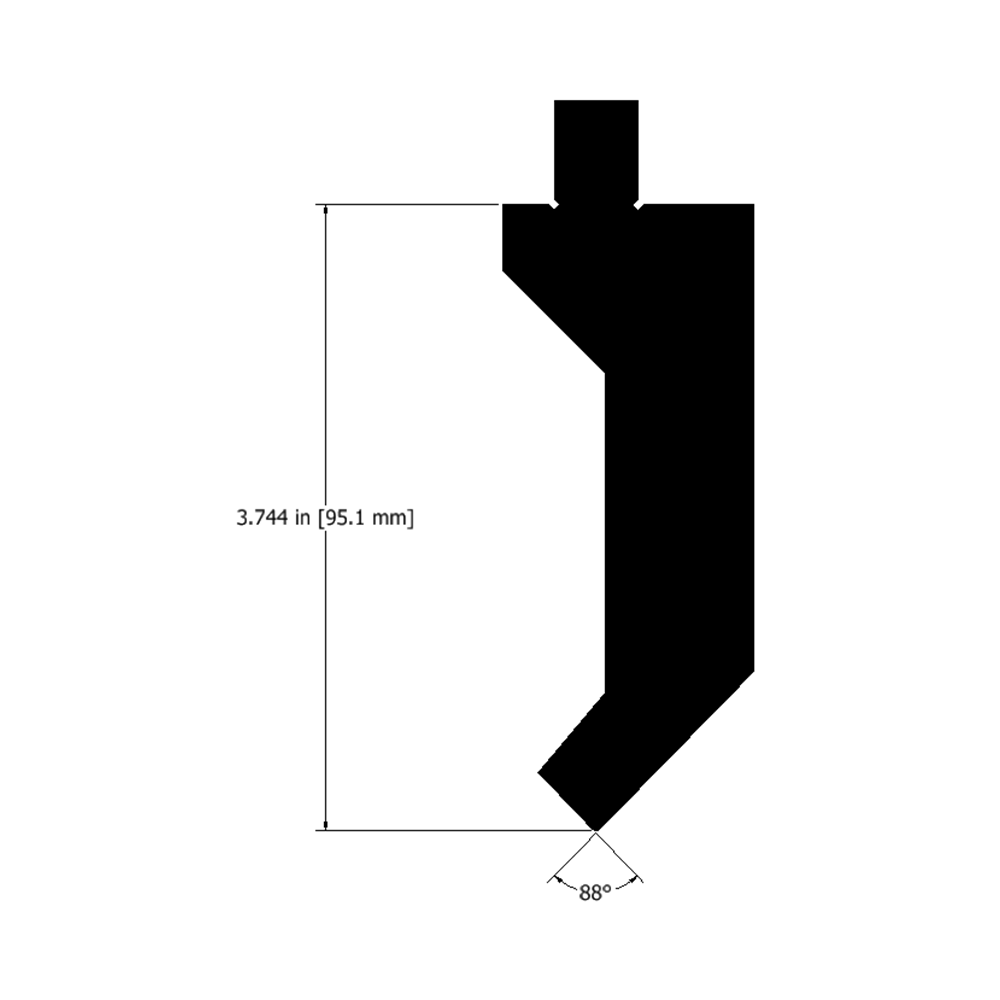 Technical illustration of an 88-degree gooseneck punch, detailing its length and angle for specialized metal forming.