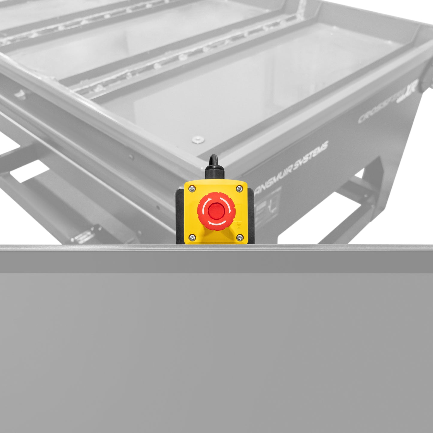Close-up of the new Langmuir Systems Remote Emergency Stop button mounted near the touchscreen of a CrossFire XR for quick and safe operation.
