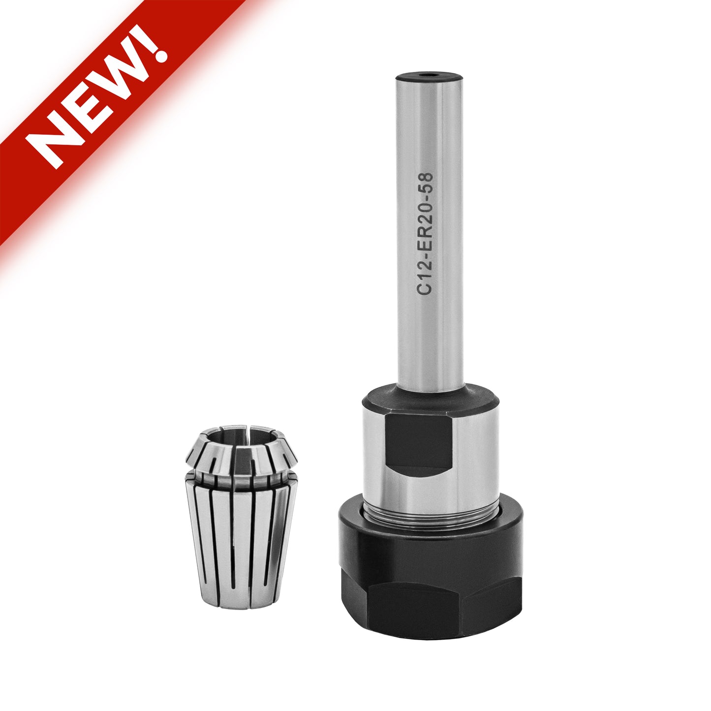 Langmuir Systems Straight Shank Tool Extension with collet, designed for secure and precise tool placement in CNC operations.