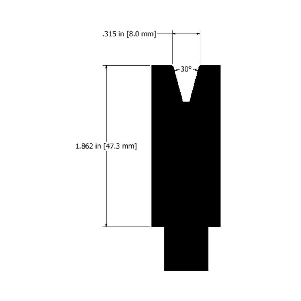 Precise specification diagram of a 30-degree acute die with 1.862 inches height for precision metal forming.