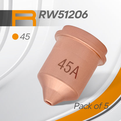 Copper Razorweld nozzles, 45A, in a set of five for efficient and accurate plasma cutting.