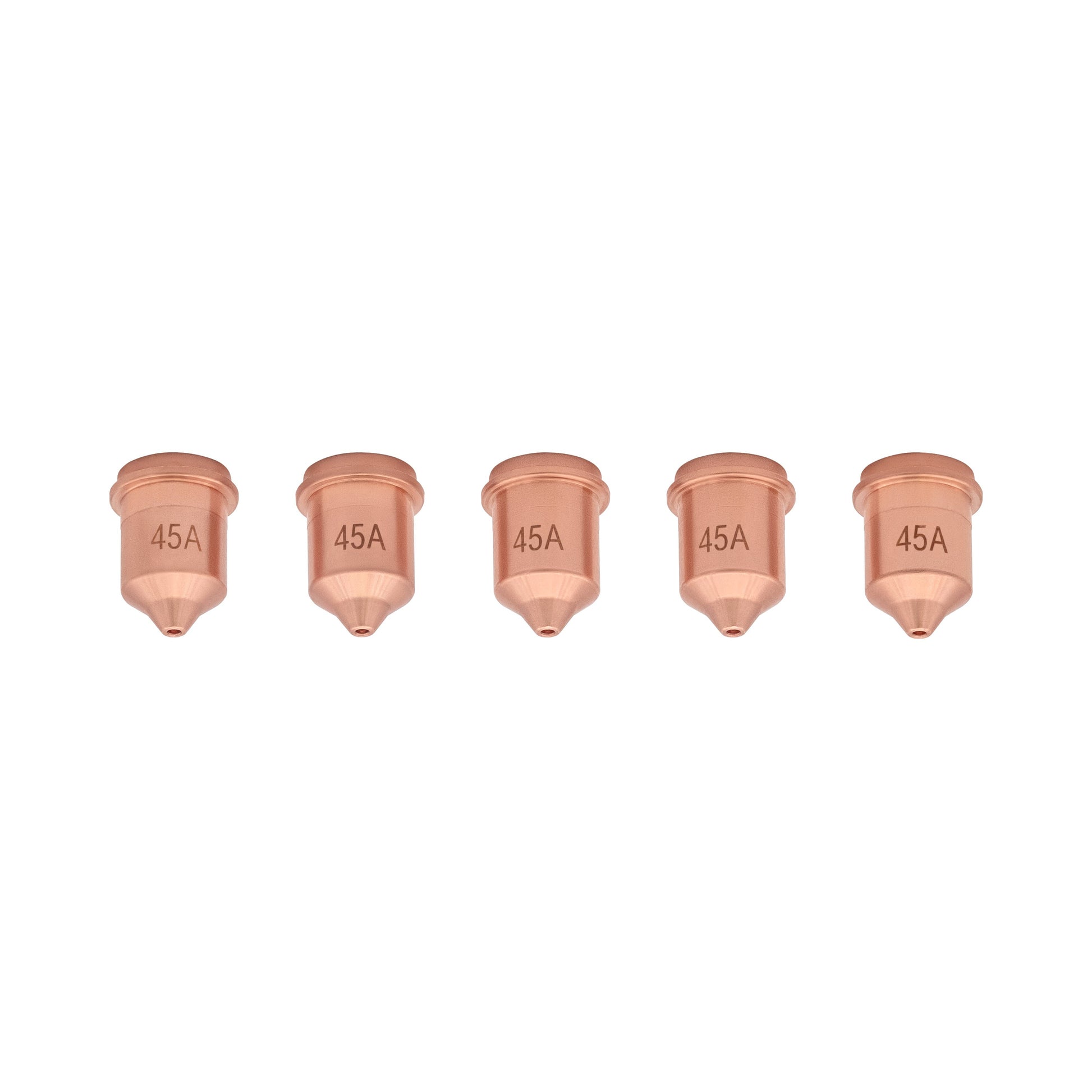 Five-pack of 45A Razorweld copper nozzles designed for precise plasma cutting applications.