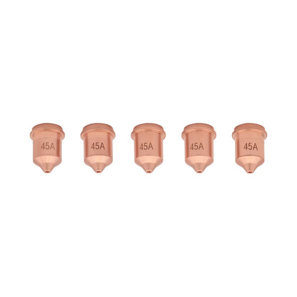 Five-pack of 45A Razorweld copper nozzles designed for precise plasma cutting applications.